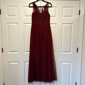David’s bridal long bridesmaid dress with mesh lace and sequin top